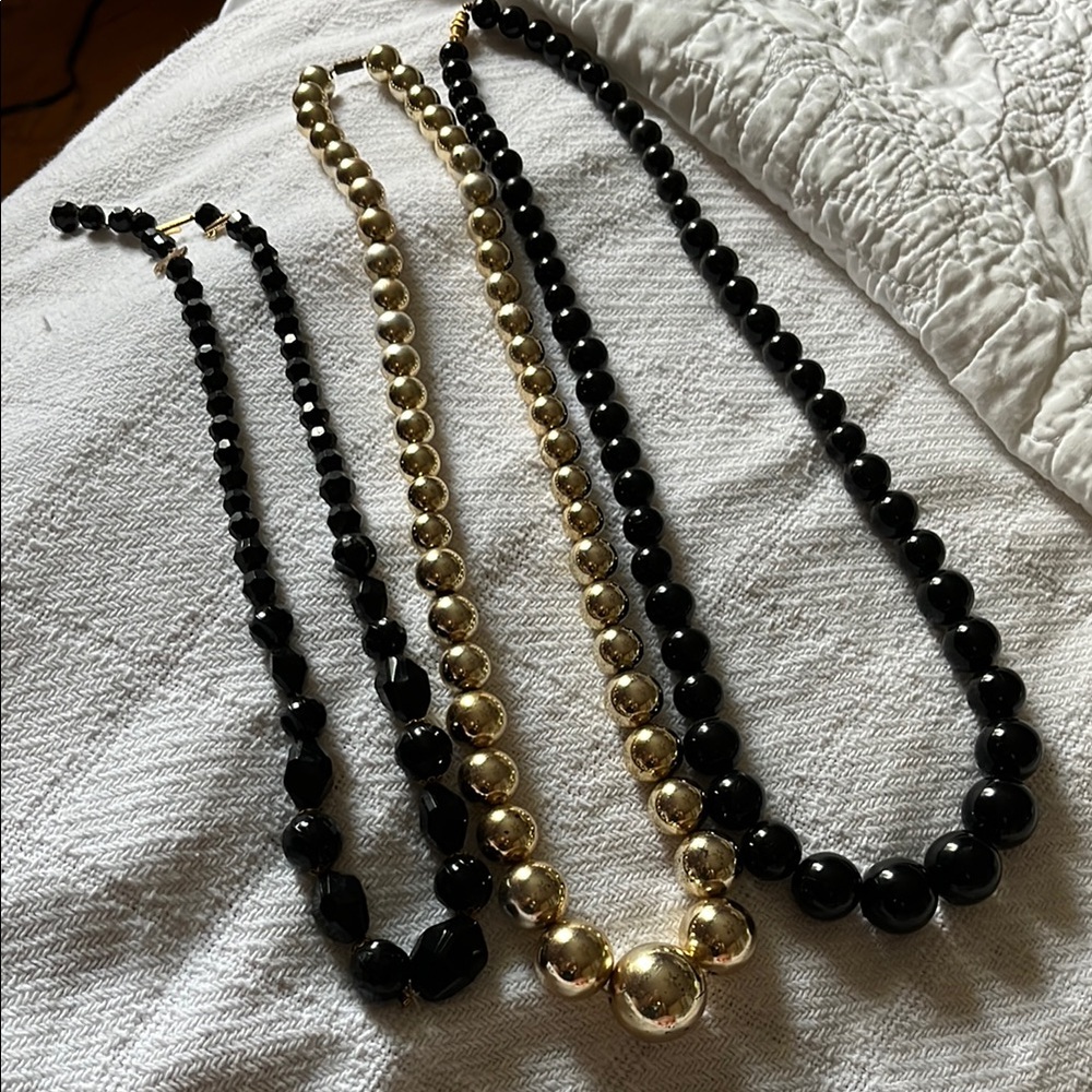 Vintage long plastic bead 3 pieces. Elegant Black and Gold Beaded Necklace